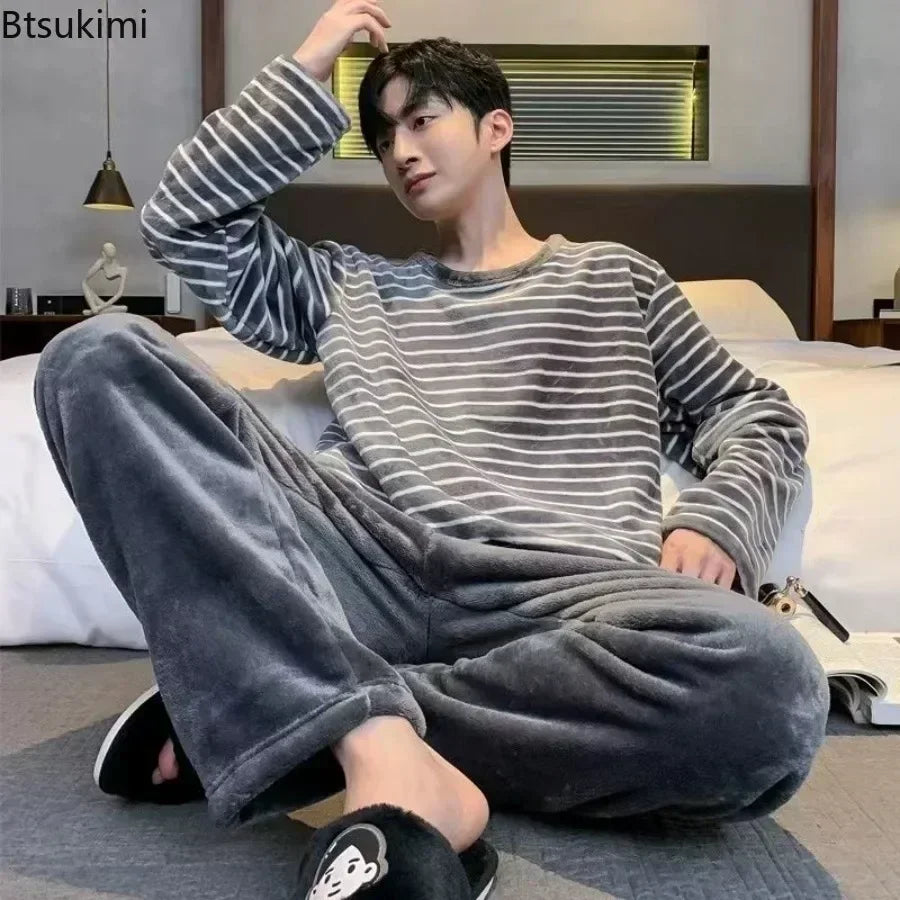 2025 Men's Autumn Winter Warm Flannel Pajama Sets Casual Soft Sleepwear Homewear 2PCS Sets Male Loose Coral Velvet Lounge Sets
