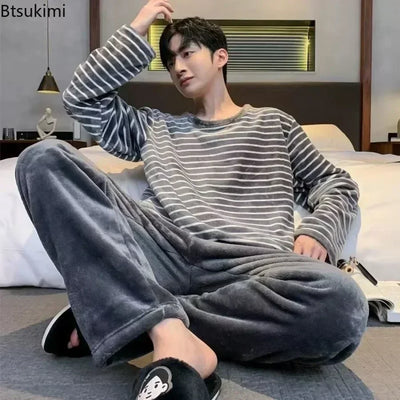 2025 Men's Autumn Winter Warm Flannel Pajama Sets Casual Soft Sleepwear Homewear 2PCS Sets Male Loose Coral Velvet Lounge Sets