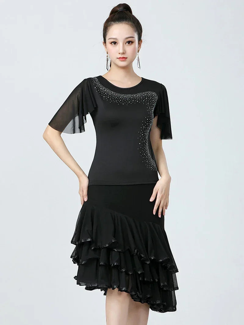 Adult Women Modern Dance Dress Social Dancewear Short Sleeve Mesh Fairy Top Large Swing Skirt Performance Dancing Costume