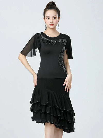 Adult Women Modern Dance Dress Social Dancewear Short Sleeve Mesh Fairy Top Large Swing Skirt Performance Dancing Costume