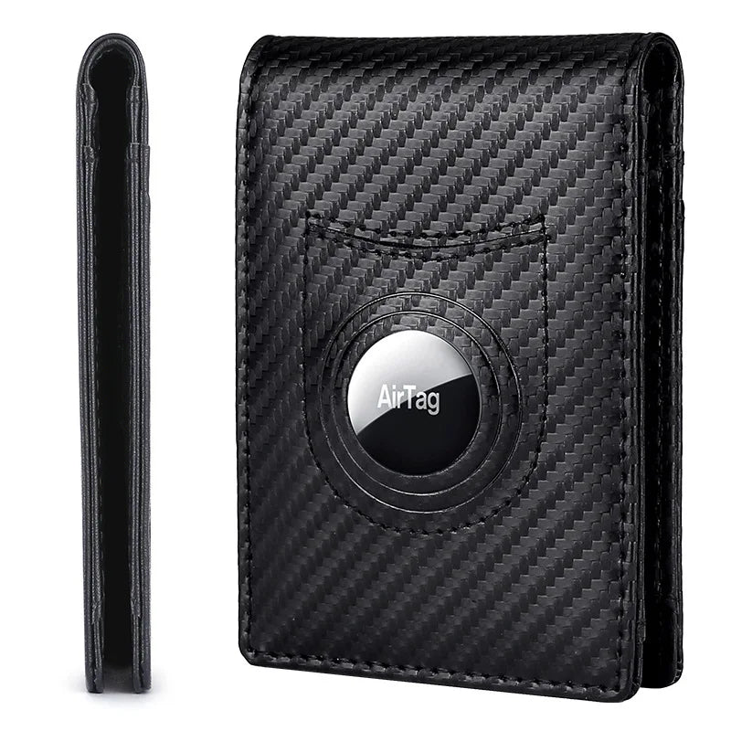 Slim carbon fiber AirTag wallet with rotating ring holder
