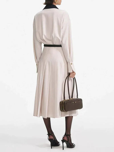 VGH Designer Slimming Hit Color Spliced Belt Long Dresses For Women Lapel Long Sleeve High Waist Temperament Dress Female New