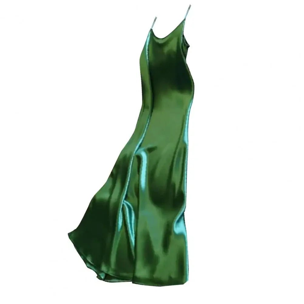 Women Slip Dress Silky Satin V Neck Backless Sleeveless Spaghetti Strap Prom Party Dress A-line Loose Hem Strappy Dress