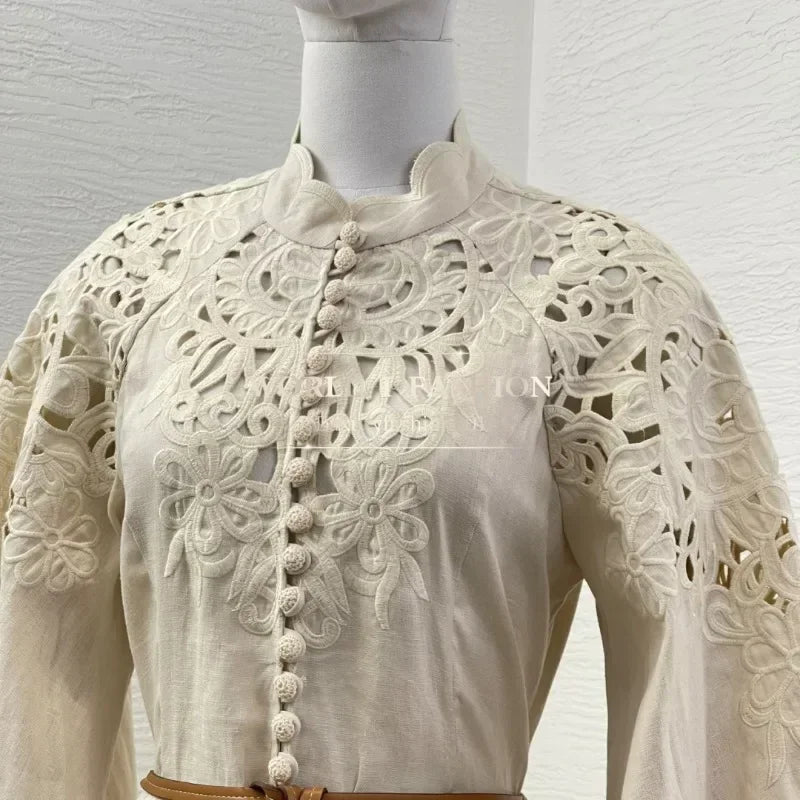 2025 Slik Beige Long Sleeve Midi Dress for Women