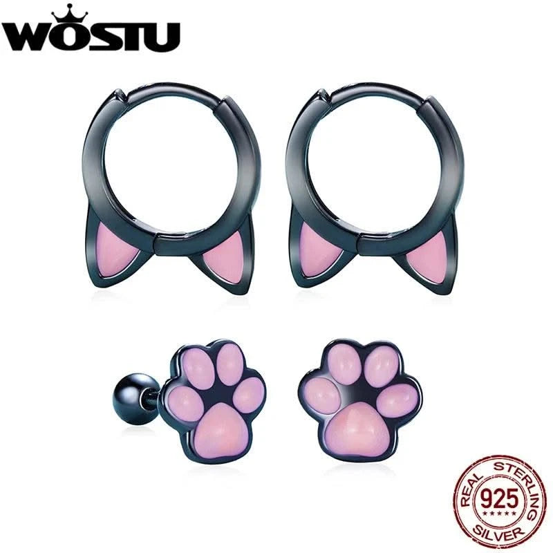 WOSTU Real 925 Sterling Silver Cat Ear Hoop Earrings For Women