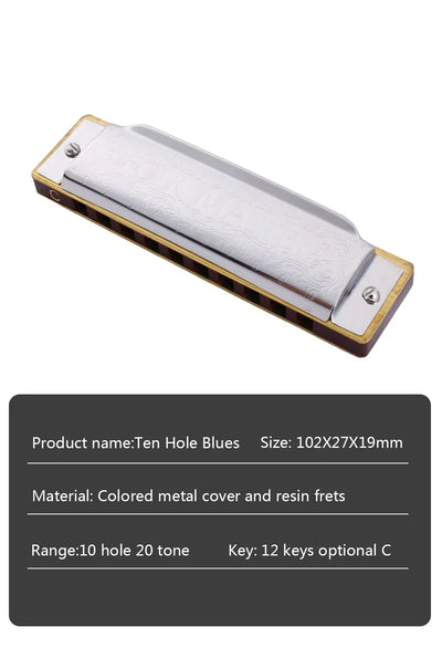 Harmonica Folk Master 1072 Standard Beginner 10 Hole 20 Tone Diatonic Key of C A D E F G 12 Tones Are Optional