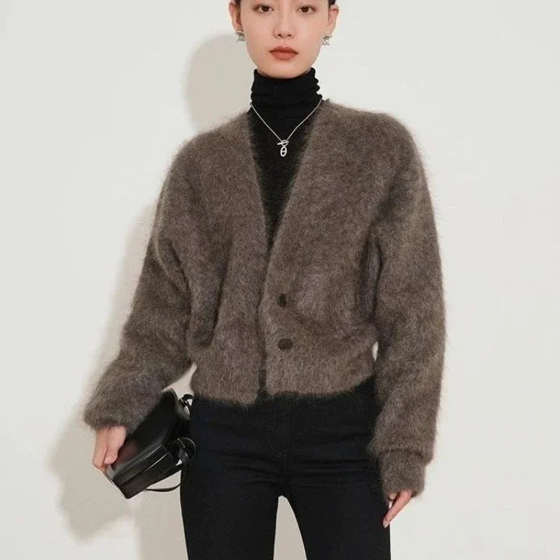 Grey Ladies Sweaters Winter Button V-neck Brown Knitted Top for Women Cardigan Crop Short Autumn 2025 Sale Economics Long Sleeve