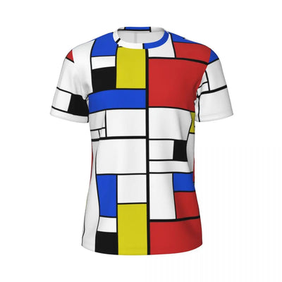 Gym T Shirt For Men Mondrian Line T-Shirts Trendy Cool Colorful Plaid Summer Tees O Neck Y2K Retro Graphic Clothing Gift Idea