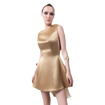 Golden Satin Asymmetric Neckline A-Line Knee-Length Formal Dress for Women's Elegant Party Evening Gown Fashion Ever Pretty