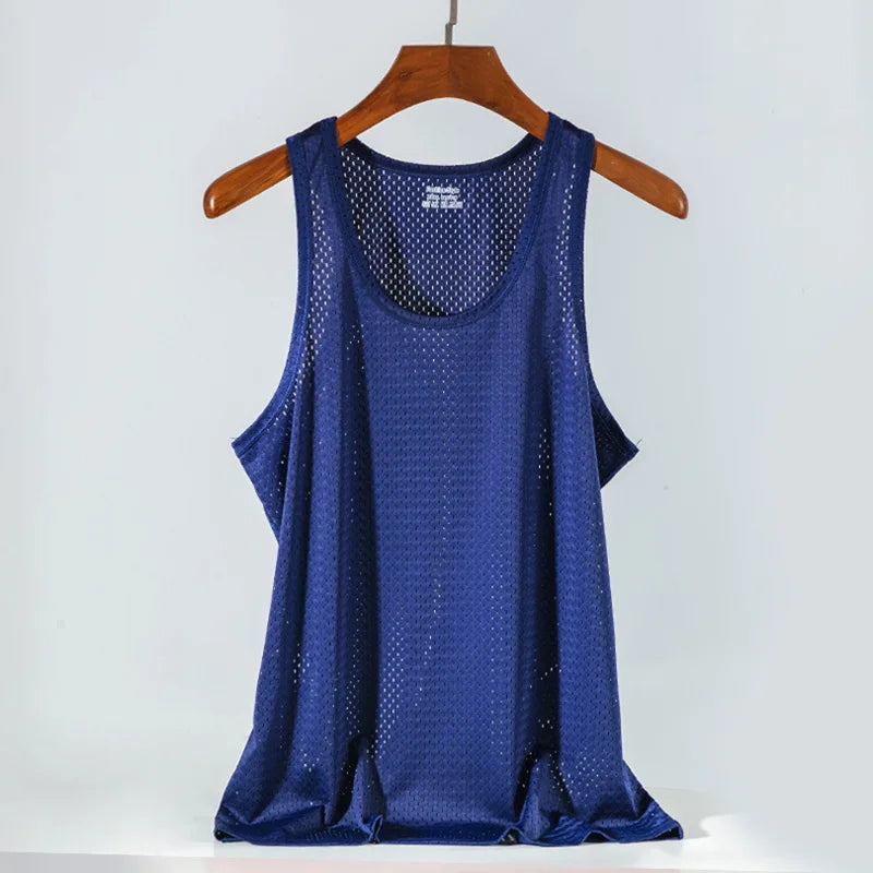 Men's Ice Silk Mesh Tank Tops Gym Stringer Transparent Bodybuilding Sleeveless Shirt Fitness Vest Male mesh Muscle Singlets
