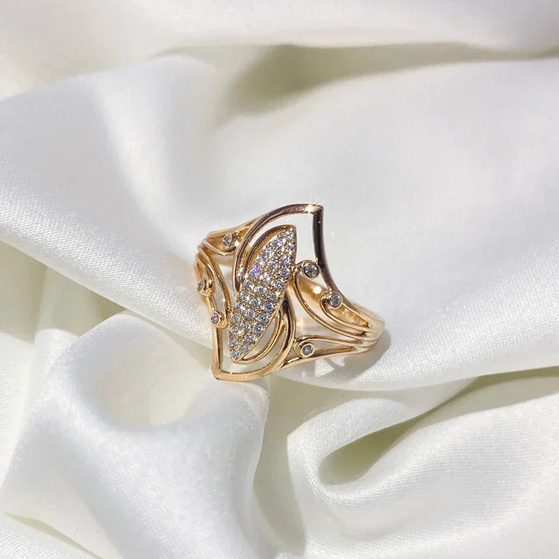 Kinel New Fine Curve Women Rings 585 Rose Gold With Micro Wax Inlay Natural Zircon Ethnic Bride Ring Unique Fashion Jewelry