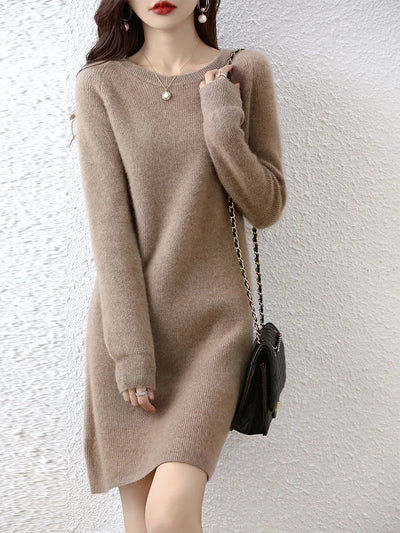 Knit Dresses for Women's Fashion Sweater 100% Merino Wool Winter Ladies O-Neck Warm Knitted Dress Fall Female Casual Black Skirt