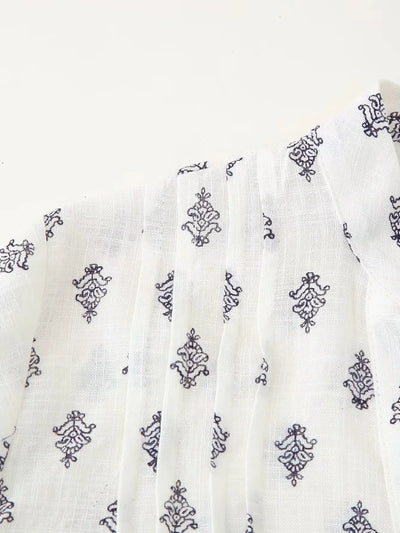 Women's Puffy Sleeve Linen Printed Top