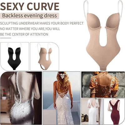 Invisible Bodysuit Women Thong Shaper Body Shapewear Sexy Deep V-Neck Backless Corset Plunge Padded Push Up Slimming Underwear