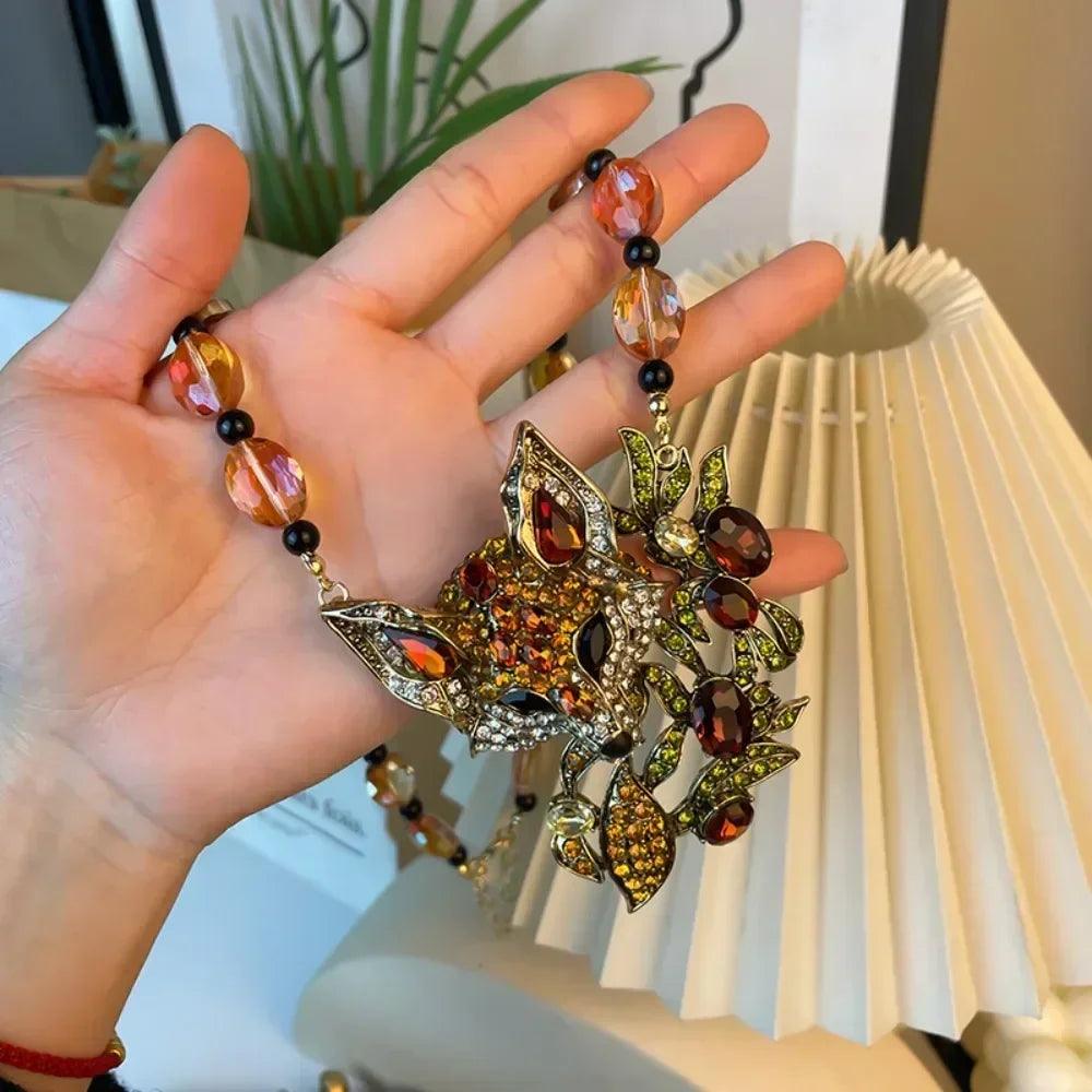 Luxury crystal cat necklace earrings beaded exaggerated rhinestones pendant accessories neck jewelry