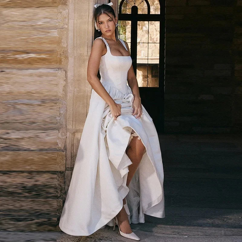 Elegant Slimming Solid Color A-Line Long Dress for Women Spring Summer 2025 Fashionable Style