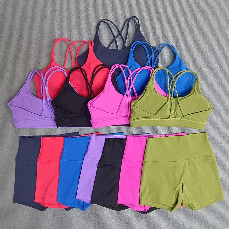 2 Pieces Yoga Set Gym Shorts Sports Set Women Workout Outfit Fitness Suit Cross Straps Bra High Waist Shorts Running Tracksuit