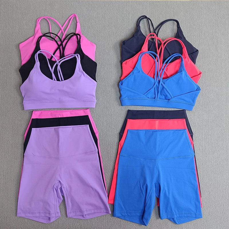 Yoga Shorts Set Gym Sports Set Women Fitness Suit Clothes 2 Piece Cross Back Bra Top High Waist Shorts Running Workout Tracksuit