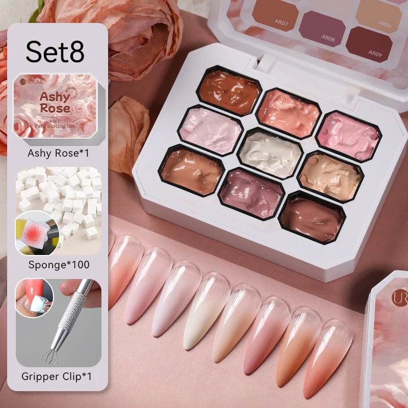 UR SUGAR 4 In 1 Pat Painting Gel Nail Polish Set 9 Colors Semi Permanent Soak Off UV LED Nails With Sponge Gradient For Nail DIY