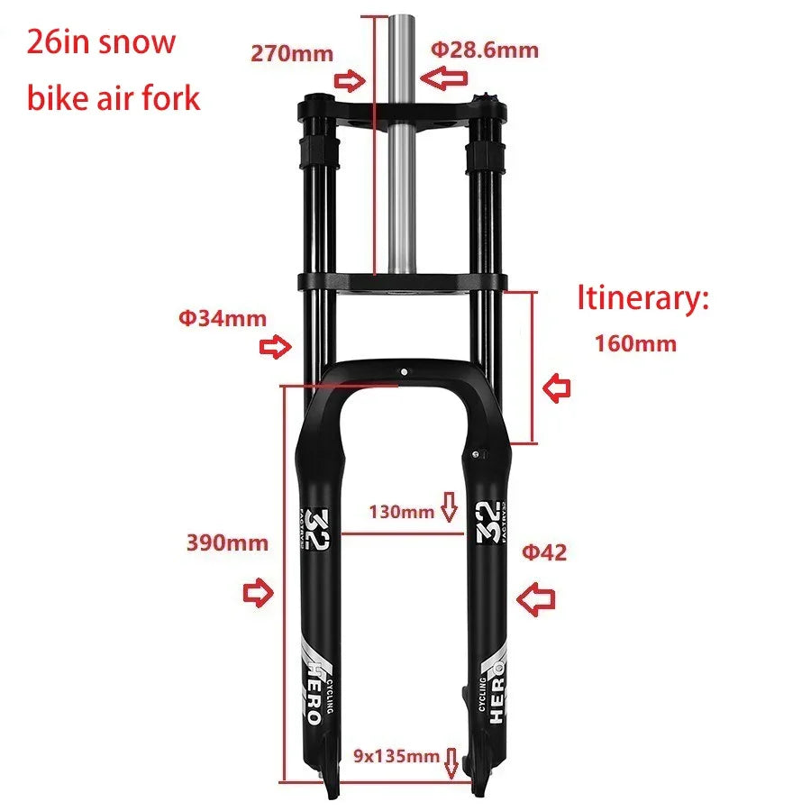 Snow Bike Mechanical Front Fork, 20 ",26",Aluminum Alloy Shoulder Fork,160mm Stroke,Hydraulic Lock,Shock Absorber,4.0 Tire Bike