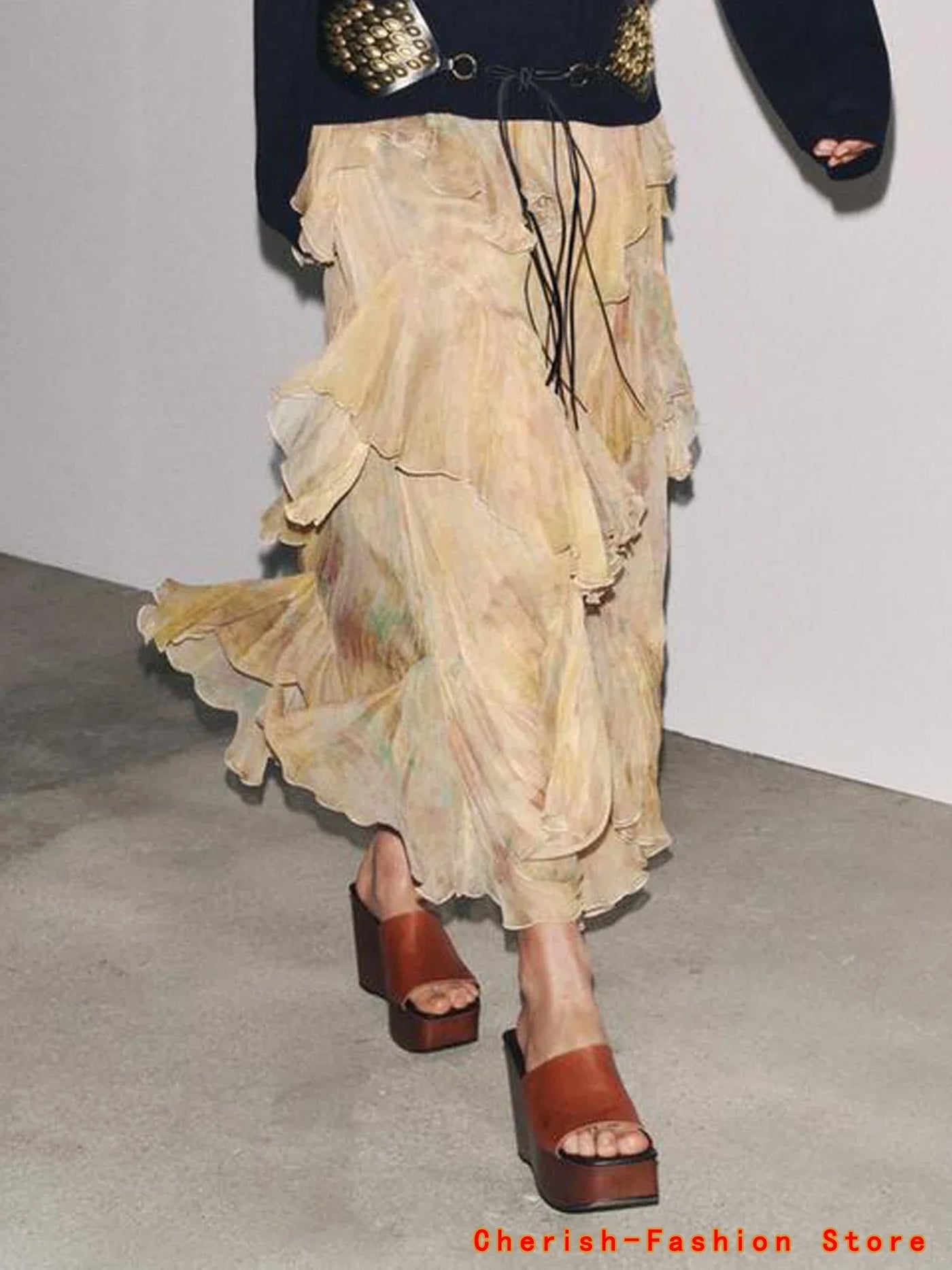 French Style Floral Lace A- Line Skirt Spring Autumn Women's New Style Ruffled Skirt Printed Half-length Skirt Polyester Fibe