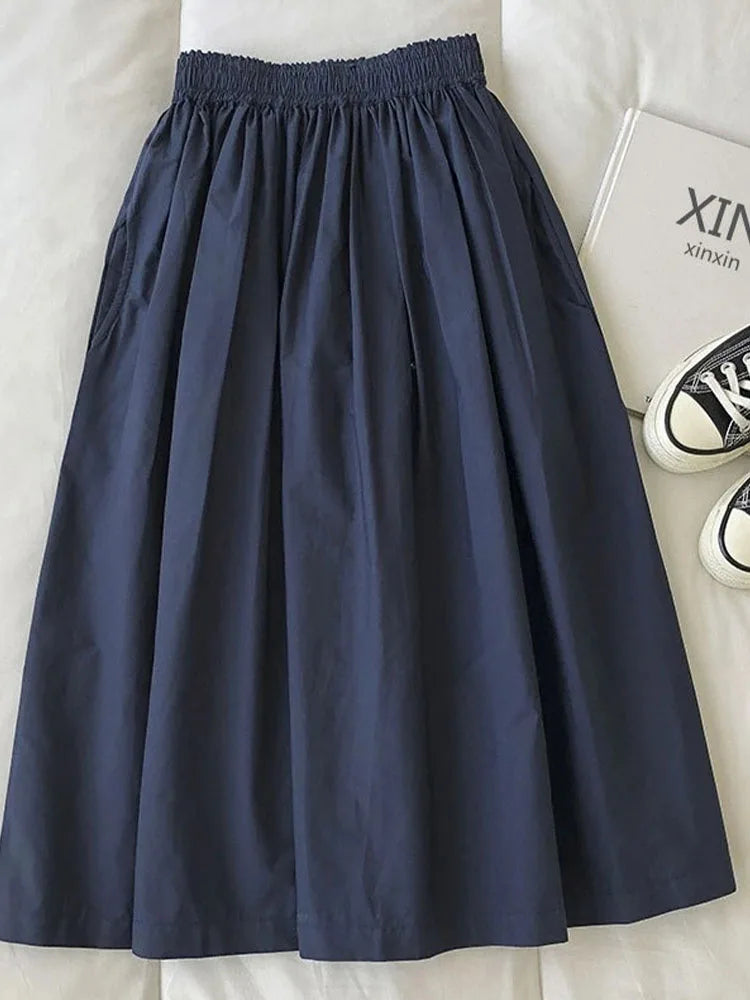 Women's White Long Skirt High Waist A-Line Knee-Length Fashion Pockets Pleated Casual Elegant Skirts for Autumn 2024