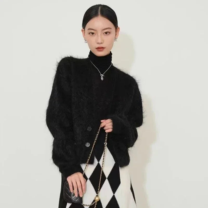 Grey Ladies Sweaters Winter Button V-neck Brown Knitted Top for Women Cardigan Crop Short Autumn 2025 Sale Economics Long Sleeve