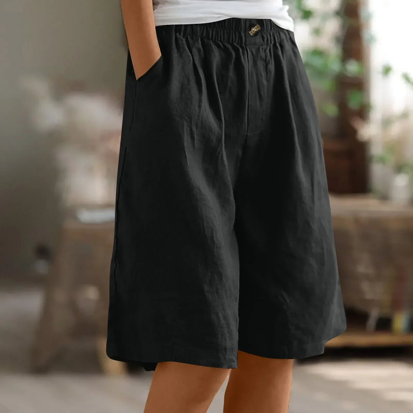 Women's Fashion Solid Color Cotton Linen Shorts - Loose Elastic Waist Capris with Pocket and Button Up Design