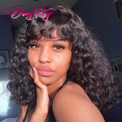 Short Curly Human Hair Wig Brazilian Hair Deep Wave Wig With Bangs Natural Human Hair Machine Made Wig For Women
