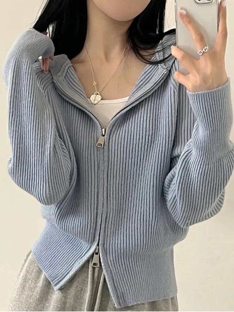 2025 New Casual Long Sleeve Hooded Sweaters Fashion Zipper Cardigan Women's Sweet Knitted Sweater Autumn Solid Sweater Coat