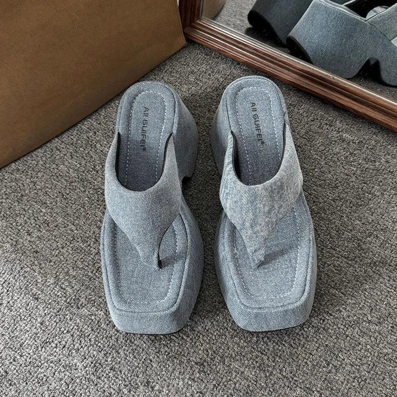 Women's Summer Outdoor Platform Sandals Flip Flops High Heel Thi Bot Clog oes Heightening Slippers Korean Sle PU Mat...