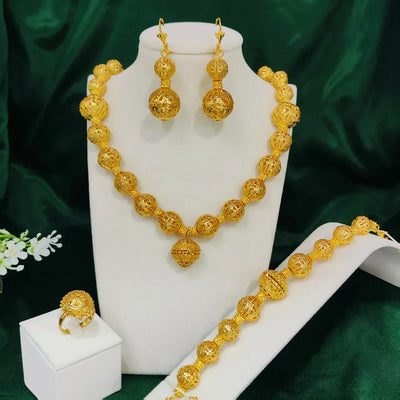Fine Dubai 24k Gold Color Jewelry Set For Women Luxury Unique Pendant Necklace Earrings Weddings Gifts Party Accessory