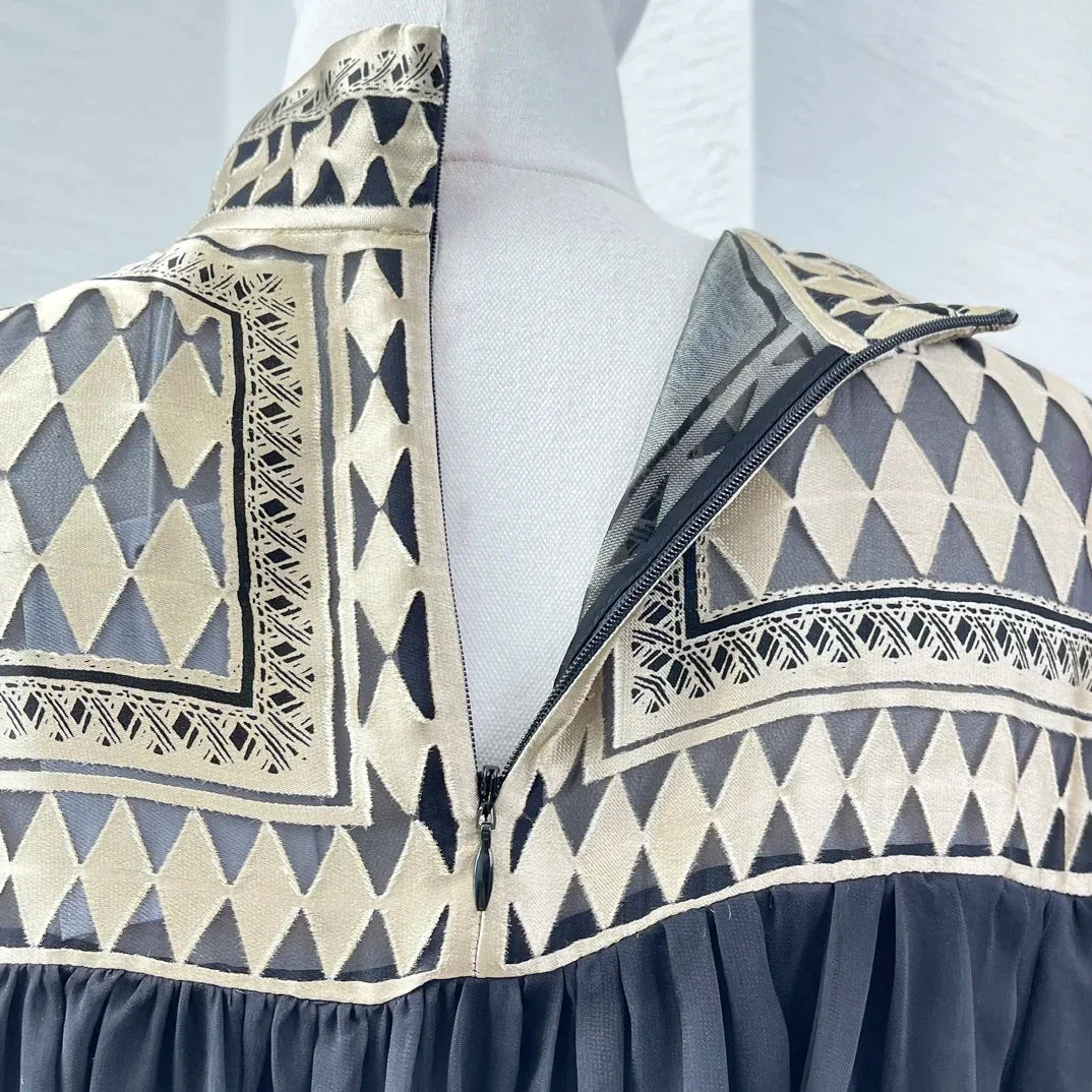 Print Long Sleeve Stand Collar Women Mini Dress Cotton Silk 2025 Autumn High Quality New Holiday Collection Black