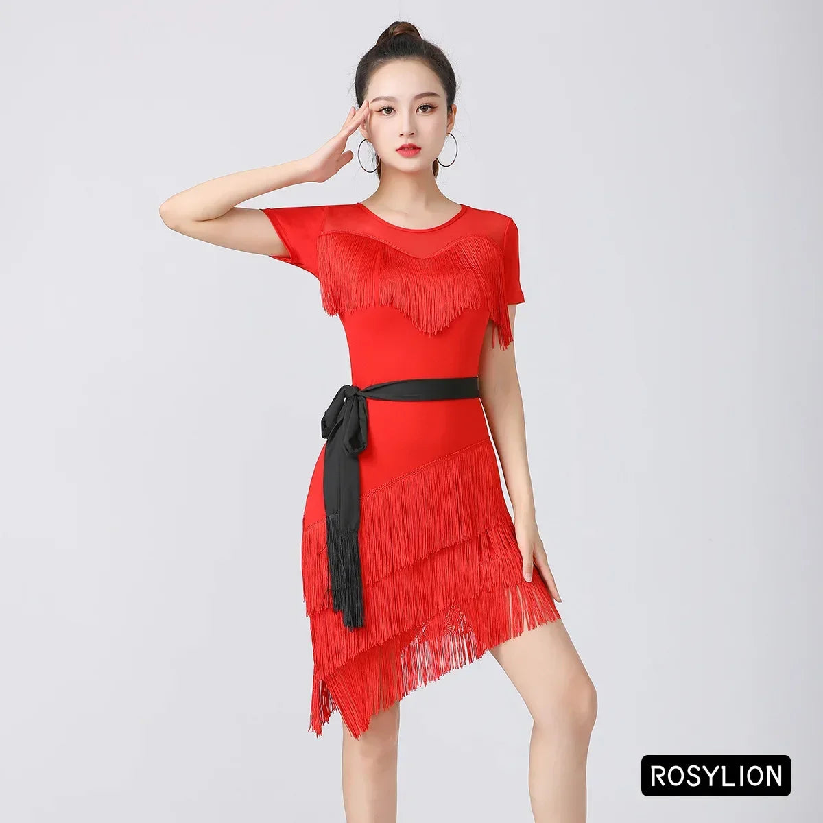 Women Latin Dance Outfit for Female Adults High End Slim Short Sleeve Tassel Split Dress Purple Red Sexy Practice Dance Clothing