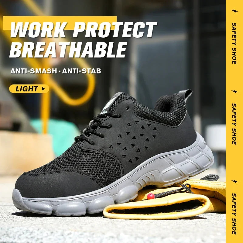 Men's Safety Shoes Comfortable Non-Slip Work Shoes Lightweight Breathable Safety Toe Casual Sneakers for Construction Site Black