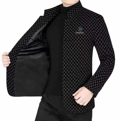 High Quality Men's Blazers Business Casual Stand Collar Woolen Jacket Classic Plaid Retro Versatile Tops Streetwear Coats