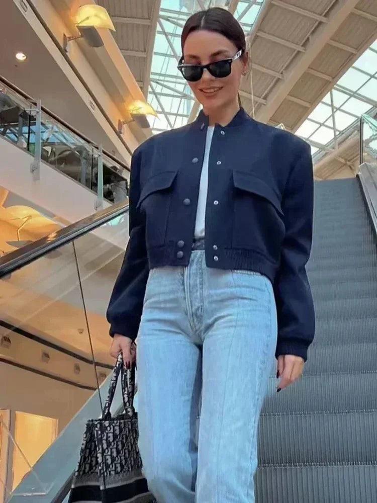 Button bomber cropped jackets woman coat autumn winter outerwear