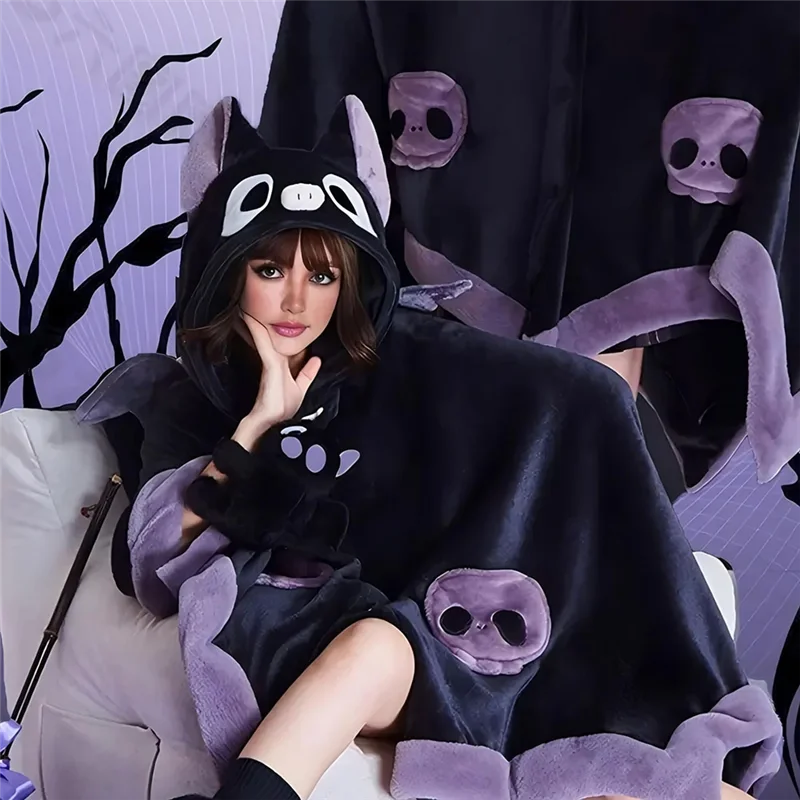 HHO-Cute Halloween Wearable Blanket Hoodie For Halloween Cosplay Soft Hooded Bat Cape
