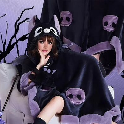 HHO-Cute Halloween Wearable Blanket Hoodie For Halloween Cosplay Soft Hooded Bat Cape