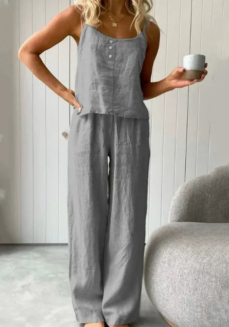 Cotton Linen Women's Suit Slip Vest Wide-leg Pants Suits Female Fashion Casual 2 Piece Sets Home Casual Clothes Ladies Sets 2025
