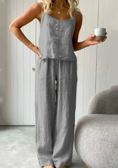Cotton Linen Women's Suit Slip Vest Wide-leg Pants Suits Female Fashion Casual 2 Piece Sets Home Casual Clothes Ladies Sets 2025