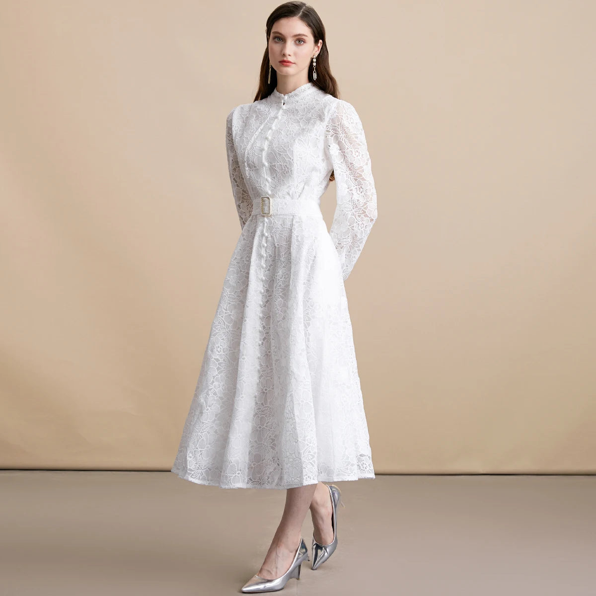 Autumn French High-end Elegant Evening Dress Women's Lace Embroidery Stand Collar Single-breasted Dress Heavy Work Banquet Robe