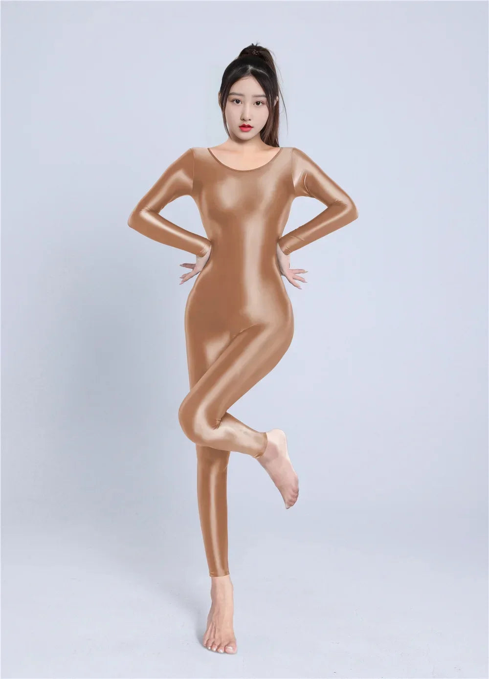 Women's Sexy Yoga Shaper Jumpsuit Dance SM Wear Oil Glossy High Elastic Long Sleeves Bodysuit Sheer Slip Satin Slimming Tights