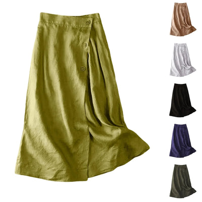 Women's Casual A-Line Skirt Summer Cotton and Linen Mid-Length Back Elastic Waist Button Large Swing Skirt Trendy Matching Skirt