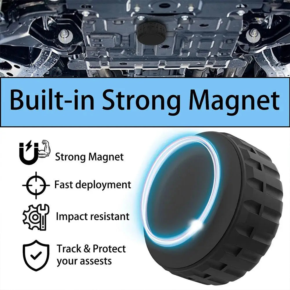 Black rubber Ultra Magnetic AirTag holder with blue light ring and grip texture