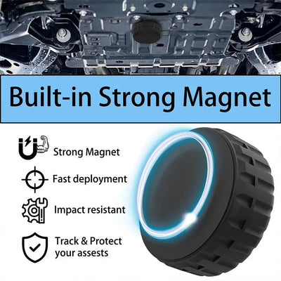 Black rubber Ultra Magnetic AirTag holder with blue light ring and grip texture