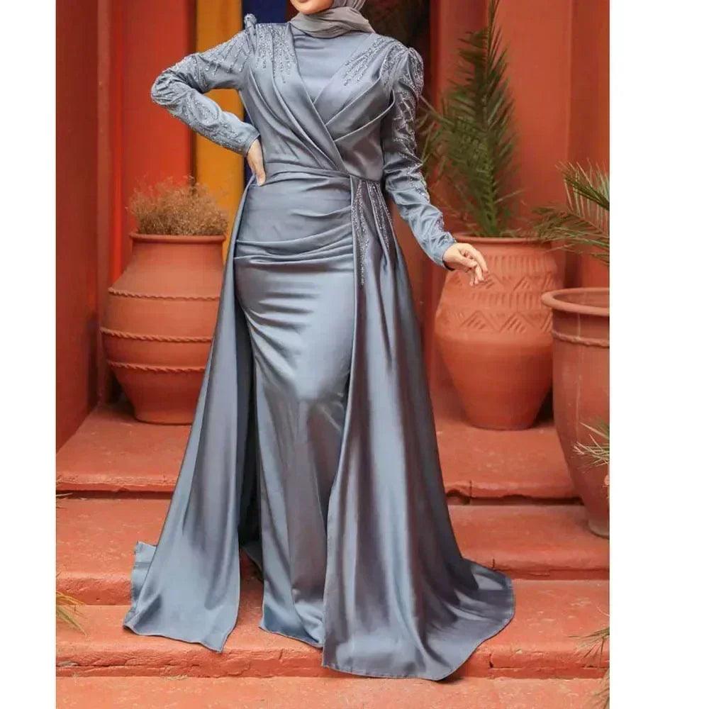 Luxury dubai women evening dresses long sleeve high neck appliques sequine chapel train pleat gowns formal occasion