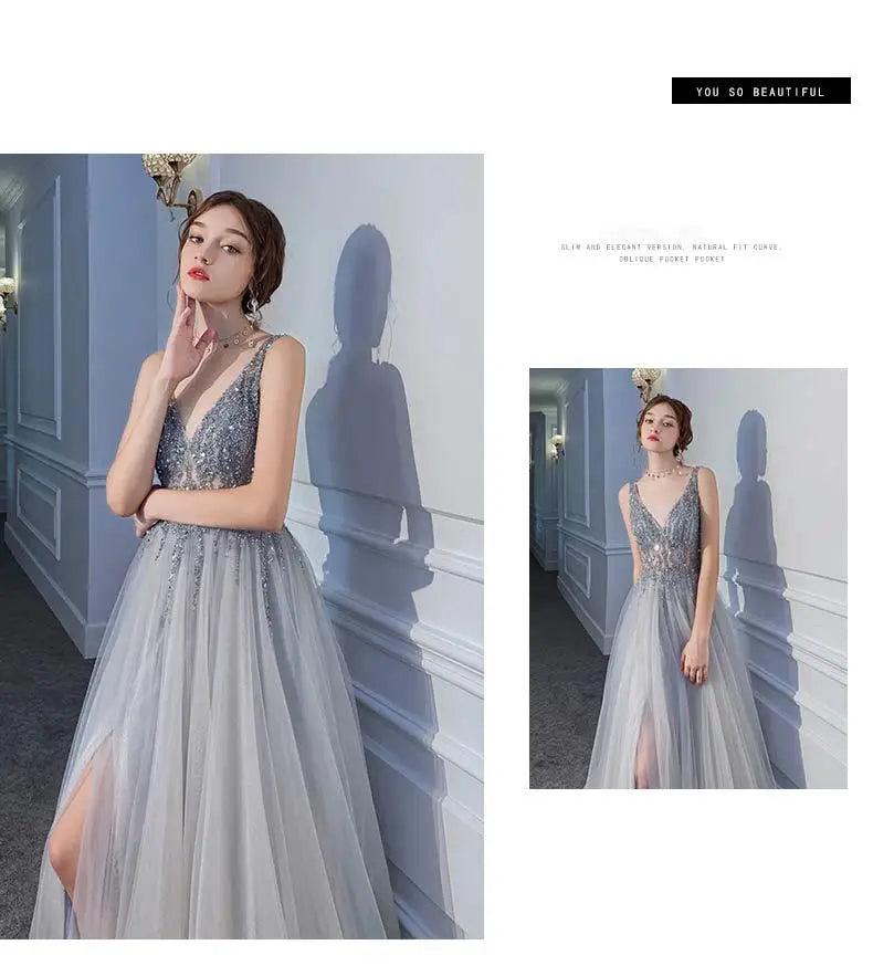 Women’s evening dresses sexy v-neck luxury formal party gown backless beads sequins tulle side split banquet dress