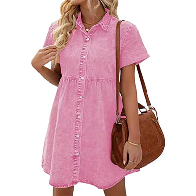 Women Babydoll Dress Stylish Women's A-line Denim Mini Dress with Short Sleeves Button-down Detail for Dating Commuting Parties