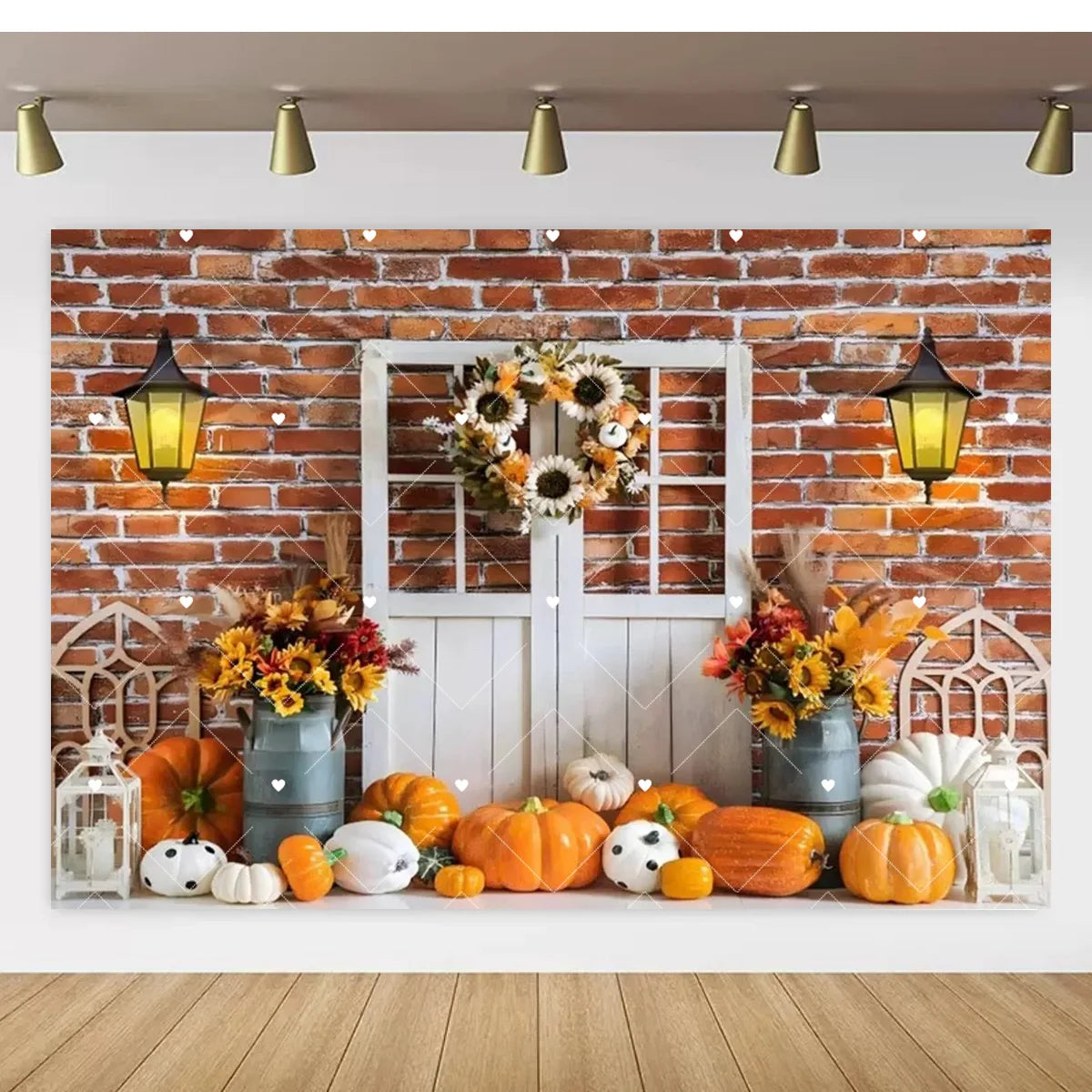 Autumn Thanksgiving Party Photo Backdrop Farm Harvest Maple Leaves Sunflowers Scarecrow Pumpkin Backdrop Poster Studio Photozone
